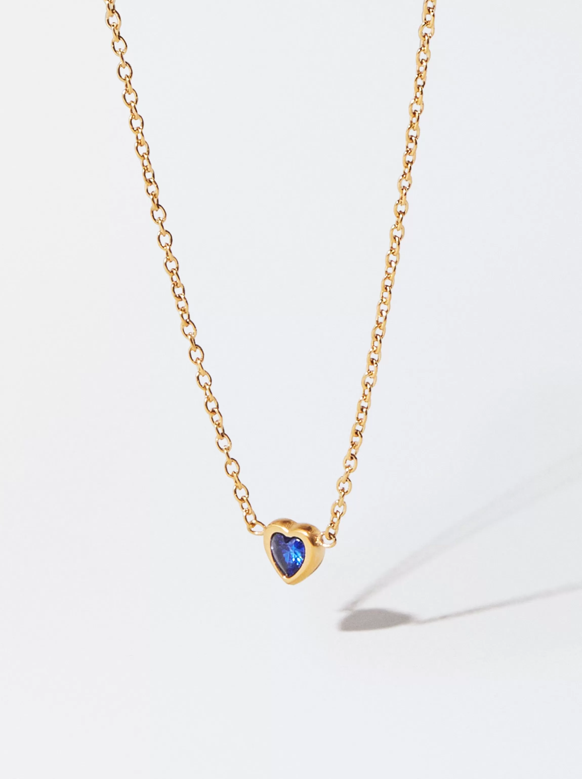 Mujer PARFOIS Collares cortos*Collar De Acero Dorado Corazón Con Circonitas Azul